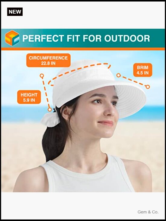 UPF 50+ Wide Brim Zip-Off Ponytail Visor Hat Foldable Travel Hiking